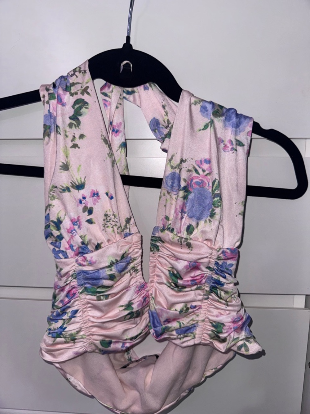 Zara Pink Floral Ruched Crop Halter Tank